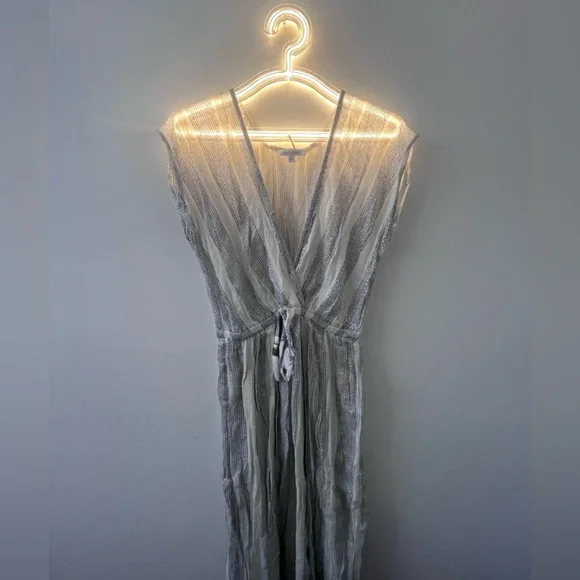 New Blue Island Silver White Wrap Maxi Dress Striped Glitter V Neck Spring - Picture 4 of 16